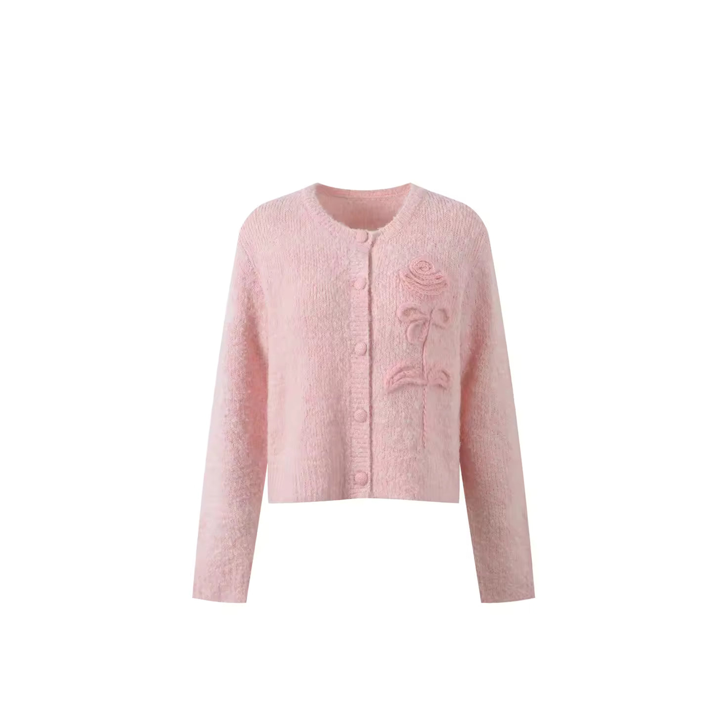 CELINE SOLID ROSE ACCENT O-NECK LONG SLEEVE KNIT CARDIGAN 